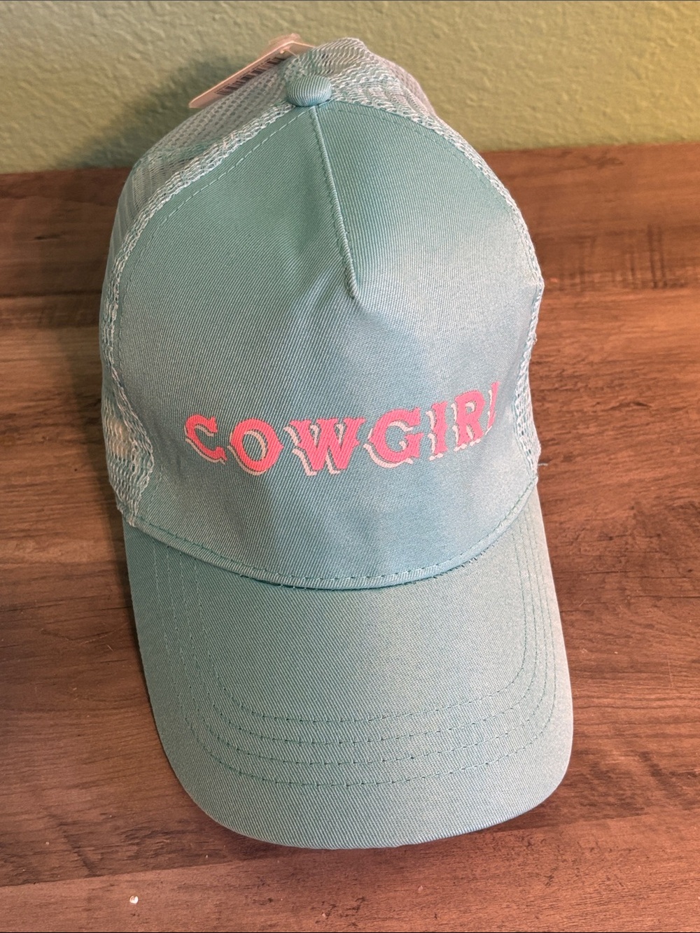 Michaels Aqua 'Cowgirl' Trucker Hat with Pink Lettering